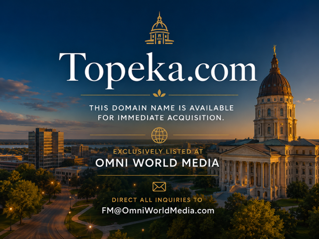 Topeka.com — this domain name is available for immediate acquisition. Exclusively listed at Omni World Media. Direct all inquiries to FM@OmniWorldMedia.com.